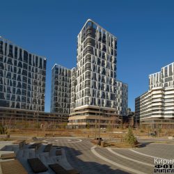 Фотограф Кирилл Толль. Перспектива высотного жилого корпуса с углового ракурса в Лефортово Архитектурная съемка современных вентилируемых фасадов и глянцевого стемалита жилых корпусов